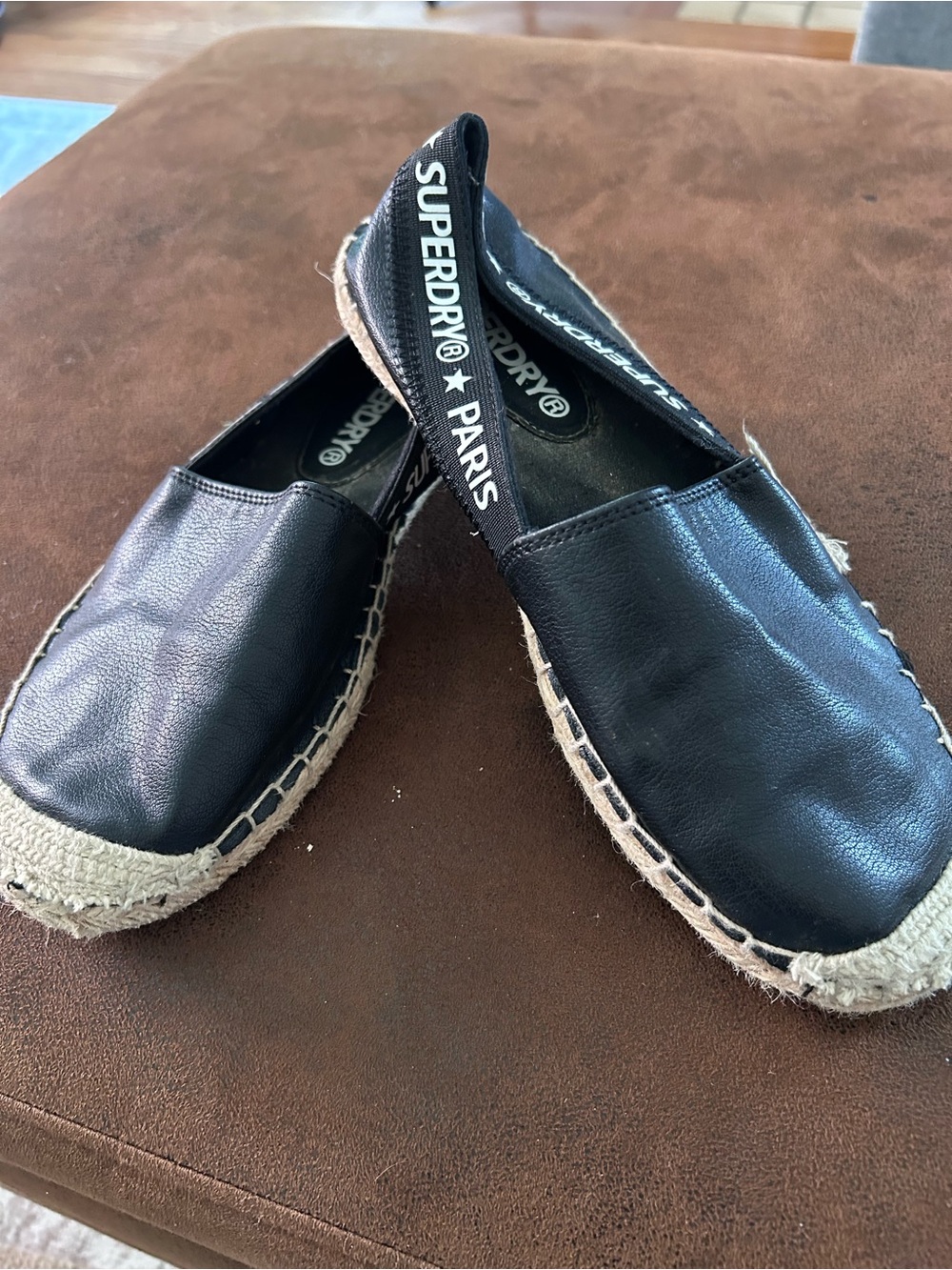 Superdry Women’s Black Leather Espadrille Flats with Branded Heel Strap